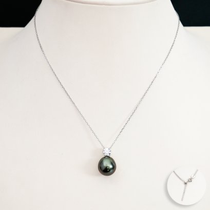 11.52 mm, Tahitian Pearl, Diamond Dot Solitaire Pearl Pendant with Cable Chain Necklace
