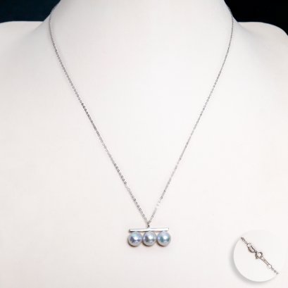 Approx. 7.5 mm, Akoya Pearl, Triple Pearl Bar Pendant with Cable Chain Necklace