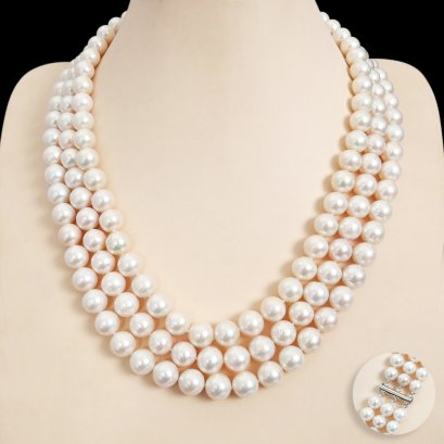Approx. 9.0 - 10.9 mm, Edison Pearl, Triple Strand Graduated Pearl Necklace