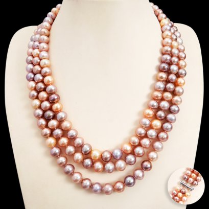 Approx. 8.5 - 11.1 mm, Edison Pearl, Triple Strand Graduated Pearl Necklace