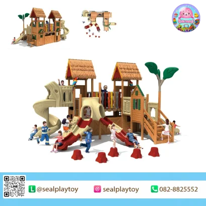 ชุดเครื่องเล่นสนามไม้ Bamboo Garden Twin Treehouse พร้อมสไลเดอร์คู่