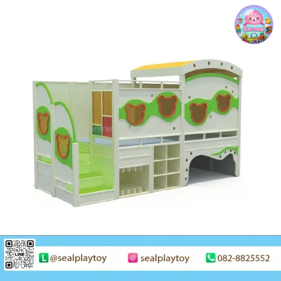 Bear Loft station เครื่องเล่นไม้ในร่มสำหรับเด็กเล็ก พร้อมเตียงลอยฟ้า บันได ชั้นเก็บของ และพื้นที่กิจกรรม ผลิตจากไม้อัดหลายชั้นคุณภาพสูง
