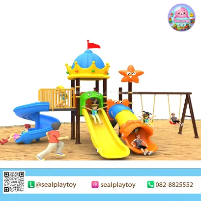 Blue Crown 3Slides&Swing เครื่องเล่นสนามเสา 89 มม. พร้อมชิงช้า สไลเดอร์ 3 ทาง บ้านของเล่น และกิจกรรมเสริมพัฒนาการสำหรับเด็ก