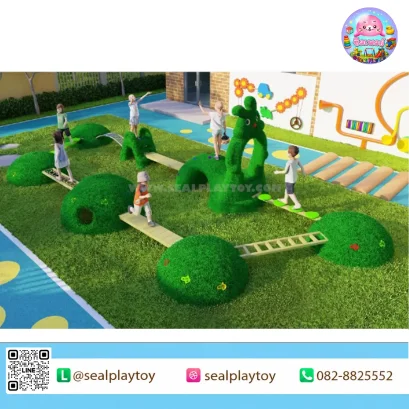 Bunny Adventure Playscape เครื่องเล่นภูมิทัศน์ธีมกระต่าย พร้อมเนินหญ้าเทียม สะพานทรงตัว อุโมงค์คลาน และกิจกรรมกลางแจ้ง