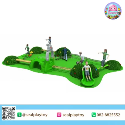 Bunny Meadow Playscape เครื่องเล่นภูมิทัศน์ธีมกระต่าย พร้อมเนินหญ้าเทียม ทางเดินทรงตัว อุโมงค์คลาน และกิจกรรมปีนป่ายกลางแจ้ง