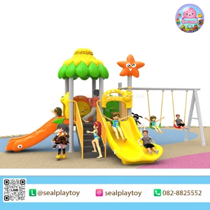 Colorful Hut 2Slides&Swing เครื่องเล่นสนามเสา 89 มม. พร้อมชิงช้า สไลเดอร์คู่ บ้านของเล่น และกิจกรรมเสริมพัฒนาการสำหรับเด็ก