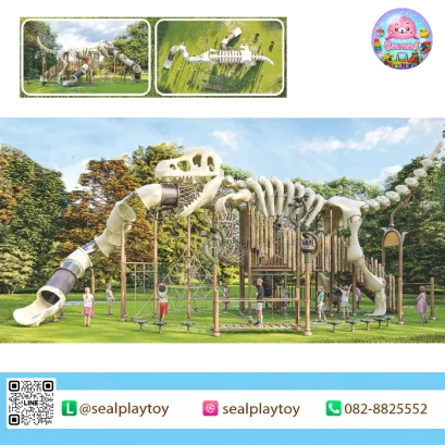 Dinosaur Fossil Adventure playground with giant dinosaur skeleton and tunnel slide by Sealplay