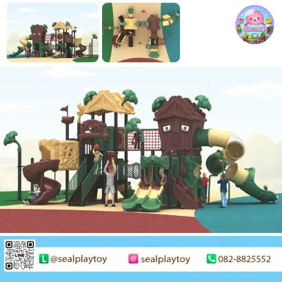 Forest Adventure Village playground with treehouse and tunnel slide by Sealplay