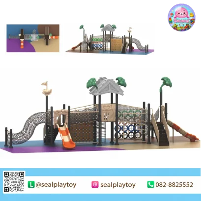 Forest Challenge Course playground with climbing wall and rope bridge by Sealplay
