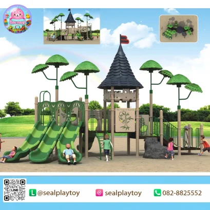 Forest Tower Adventure เครื่องเล่นสนาม PE ธีมป่าไม้และหอคอย พร้อมสไลเดอร์คู่ กิจกรรมปีนป่าย และพื้นที่เล่นกลางแจ้ง
