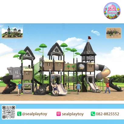 Forest Village Explorer เครื่องเล่นสนาม PE ธีมหมู่บ้านป่าไม้ พร้อมบ้านต้นไม้ สไลเดอร์อุโมงค์ และกิจกรรมปีนป่าย