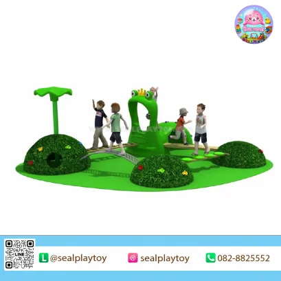 Green Frog Kingdom เครื่องเล่นภูมิทัศน์ธีมกบ พร้อมเนินหญ้าเทียม สะพานทรงตัว อุโมงค์คลาน และกิจกรรมปีนป่ายกลางแจ้ง