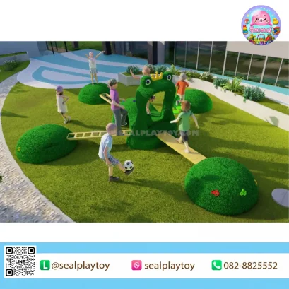 Green Frog Playscape เครื่องเล่นภูมิทัศน์ธีมกบ พร้อมเนินหญ้าเทียม สะพานทรงตัว และกิจกรรมปีนป่ายกลางแจ้ง