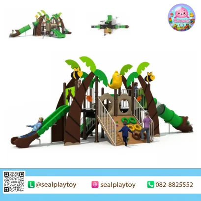 Jungle Bee Adventure เครื่องเล่นสนาม PE ธีมป่าเขตร้อน ผึ้ง และนก พร้อมสไลเดอร์ อุโมงค์คลาน และกิจกรรมปีนป่าย