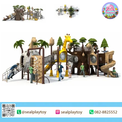 Jungle Discovery Playground – เครื่องเล่นสนามธีมป่าผจญภัย พร้อมอุโมงค์เชื่อม สไลเดอร์ และฐานกิจกรรมสำหรับเด็ก