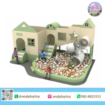 Little Village ห้องบอลในร่มธีมบ้านเด็ก พร้อมบ่อบอล สไลเดอร์ท่อ และพื้นที่ปีนป่าย ผลิตจากหนัง PU ฟองน้ำความหนาแน่นสูง ไม้อัดหลายชั้น และโครงเหล็กกัลวาไนซ์ by Sealplay