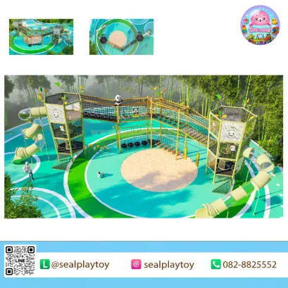 Panda Treetop Challenge เครื่องเล่นสนาม PE ธีมแพนด้าและป่าไผ่ พร้อมหอคอยตาข่าย ทางเดินยกระดับ ด่านทรงตัว กระดานลื่นท่อ และกิจกรรมปีนป่าย by Sealplay