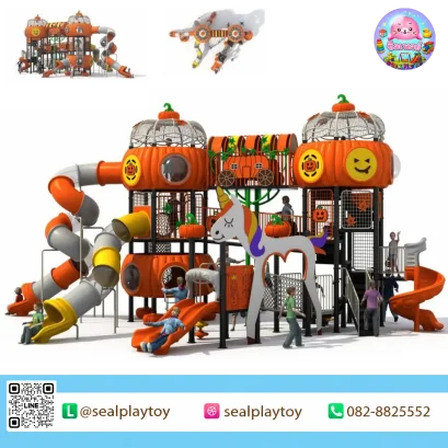 Pumpkin Unicorn Adventure HPL playground featuring pumpkin towers, unicorn entrance, tube slides and climbing activities by Sealplay