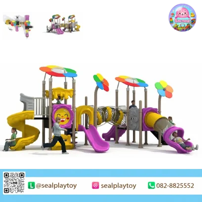 Rainbow Blossom Adventure HPL playground featuring flower roofs, tunnel bridge, spiral slide and climbing activities by Sealplay