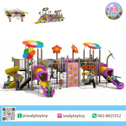 Rainbow Blossom Quest PE playground featuring flower towers, tunnel slides, climbing nets and activity play panels by Sealplay