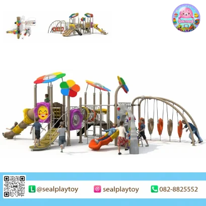 Rainbow Climber Adventure HPL playground featuring climbing wall, rope challenges, slides and colorful activity panels by Sealplay