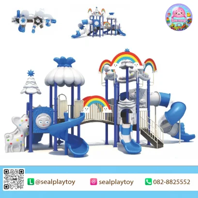 Rainbow Cloud Adventure เครื่องเล่นสนาม PE ธีมสายรุ้ง เมฆ และท้องฟ้า พร้อมสไลเดอร์เกลียว สไลเดอร์อุโมงค์ และกิจกรรมปีนป่าย