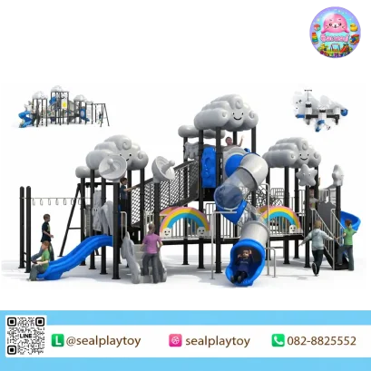 Rainbow Cloud Fortress playground with rainbow bridge and spiral tunnel slide by Sealplay