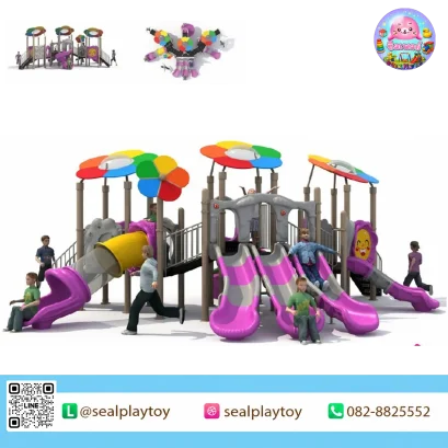 Rainbow Fun Explorer HPL playground featuring colorful flower roofs, tunnel slide, double slides and interactive play activities by Sealplay