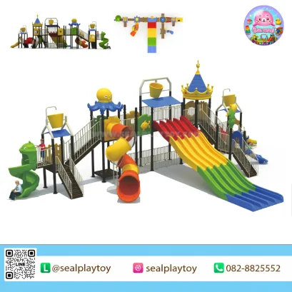 Rainbow Splash Kingdom เครื่องเล่นสวนน้ำ พร้อมกระดานลื่นหลายเลนสีรุ้ง กระดานลื่นท่อ หอคอย ถังเทน้ำ และองค์ประกอบธีมสัตว์ทะเล by Sealplay