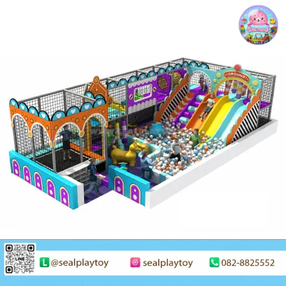 Rainbow Town ห้องบอลในร่มธีมเมืองสีสันสดใส พร้อมบ่อบอล สไลเดอร์ อุโมงค์ และเครื่องเล่นปีนป่าย ผลิตจากหนัง PU ฟองน้ำความหนาแน่นสูง ไม้อัดหลายชั้น และโครงเหล็กกัลวาไนซ์ by Sealplay