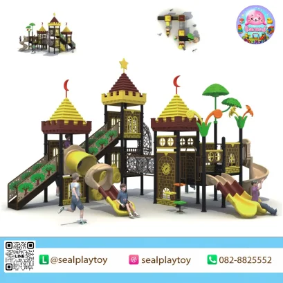 Royal Castle Explorer เครื่องเล่นสนาม PE ธีมปราสาทราชวงศ์ พร้อมสไลเดอร์อุโมงค์ สะพานเชื่อม และกิจกรรมปีนป่าย