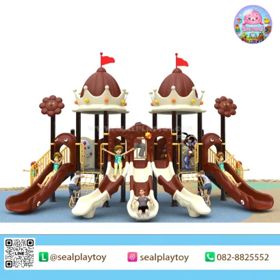 Royal Chocolate Twin เครื่องเล่นสนามเสา 89 มม. พร้อมสไลเดอร์คู่ สะพานเชื่อม ตาข่ายปีนป่าย และกิจกรรมเสริมพัฒนาการสำหรับเด็ก