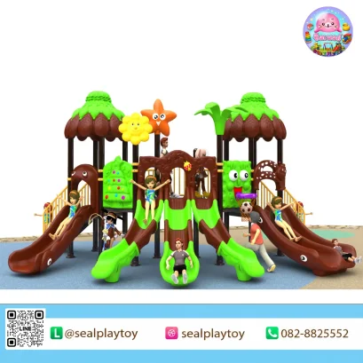 Royal Forest Twin เครื่องเล่นสนามเสา 89 มม. พร้อมสไลเดอร์คู่ สะพานเชื่อม กำแพงปีนป่าย และกิจกรรมเสริมพัฒนาการสำหรับเด็ก