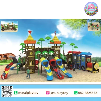 Royal Train Adventure เครื่องเล่นสนาม PE ธีมปราสาท รถไฟ และหอคอย พร้อมสไลเดอร์อุโมงค์และสไลเดอร์หลายช่อง