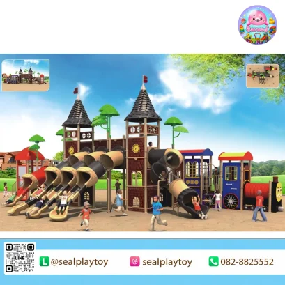 Royal Train Fortress เครื่องเล่นสนาม PE ธีมปราสาทและรถไฟ พร้อมสไลเดอร์อุโมงค์ สไลเดอร์หลายช่อง และกิจกรรมปีนป่าย