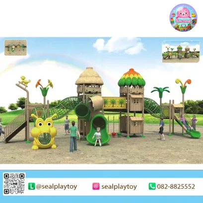 Safari Treehouse Adventure เครื่องเล่นสนาม PE ธีมซาฟารี บ้านต้นไม้ และสะพานเชือก พร้อมสไลเดอร์อุโมงค์และกิจกรรมปีนป่าย