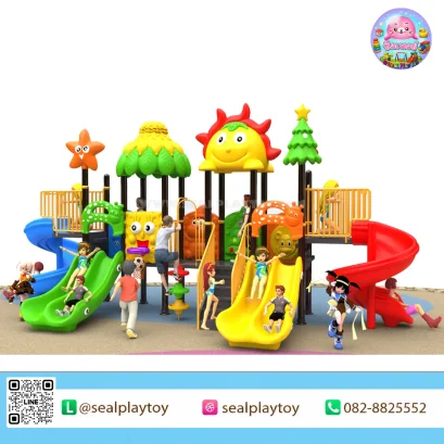 Sunny Forest Adventure เครื่องเล่นสนามเสา 89 มม. พร้อมสไลเดอร์ 3 จุด อุโมงค์ บ้านของเล่น และกิจกรรมเสริมพัฒนาการสำหรับเด็ก