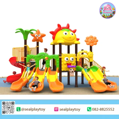 Sunny Garden 5 Slides เครื่องเล่นสนามเสา 89 มม. พร้อมสไลเดอร์ 5 ทาง สะพานเชื่อม บ้านของเล่น และกิจกรรมเสริมพัฒนาการสำหรับเด็ก