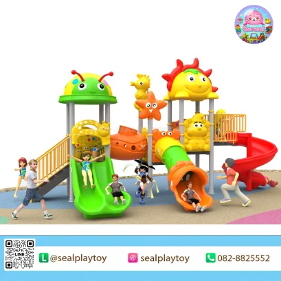 Sunny Ladybug Adventure เครื่องเล่นสนามเสา 89 มม. พร้อมสไลเดอร์ อุโมงค์ บ้านของเล่น และกิจกรรมเสริมพัฒนาการสำหรับเด็ก