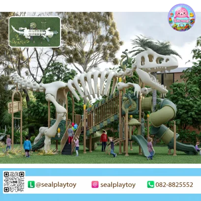 T-Rex Jungle Adventure playground with dinosaur skeleton and tunnel slide by Sealplay