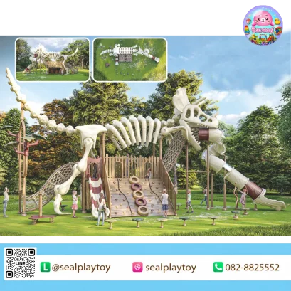 Triceratops Fossil Adventure playground with giant dinosaur skeleton and climbing structure by Sealplay