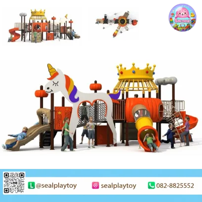 Pumpkin Unicorn Kingdom playground featuring unicorn, pumpkin tower, tunnel slide and climbing activities by Sealplay