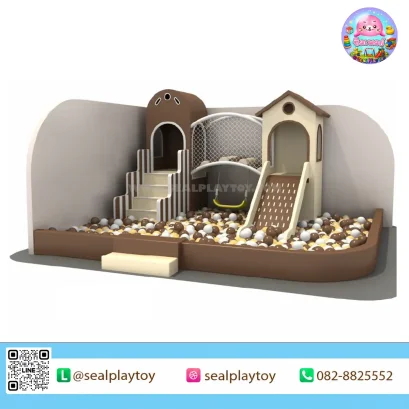 Woodland Cottage ห้องบอลในร่มธีมบ้านไม้ พร้อมบ่อบอล สะพานเชือก ชิงช้า และพื้นที่ปีนป่าย ผลิตจากหนัง PU ฟองน้ำความหนาแน่นสูง ไม้อัดหลายชั้น และโครงเหล็กกัลวาไนซ์ by Sealplay