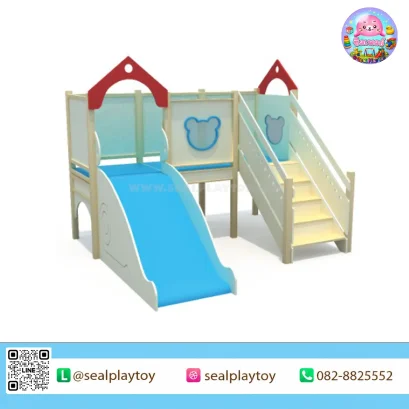 Bear Bridge Slide เครื่องเล่นไม้ในร่มสำหรับเด็กเล็ก พร้อมสไลเดอร์ สะพานเชื่อม บันไดทางขึ้น และพื้นที่เล่น ผลิตจากไม้อัดหลายชั้นคุณภาพสูง