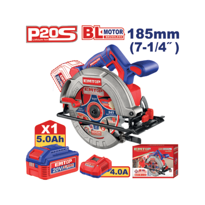 EMTOP เลื่อยวงเดือนไร้สาย 20 โวลต์ 185มม. (แบต1ก้อน+แท่นชาร์จ) รุ่น ELCS18513