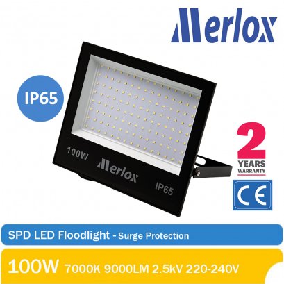 โคมไฟ SPD LED FLOODLIGHT 220-240V 100W 7000K 9000LM 2.5kV MERLOX (with Surge Protection)