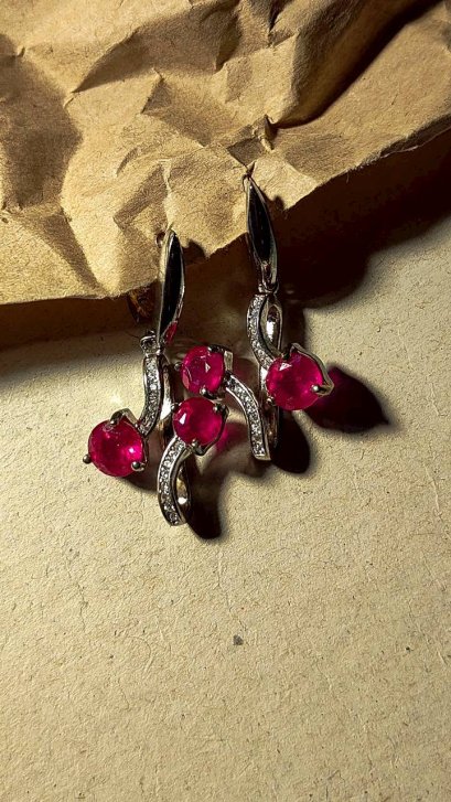 Earrings Ruby, CZ White Gold Plated