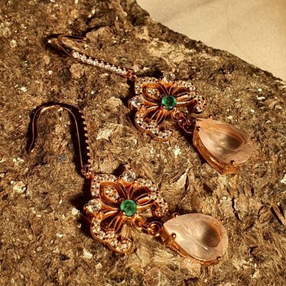 Earrings Rose Quartz, Emerald with silver92.5 setting