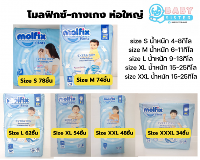 Molfix Extradry โมลฟิกซ์ แพมเพิสเด็กแบบกางเกง -ยกลัง 8 ห่อ