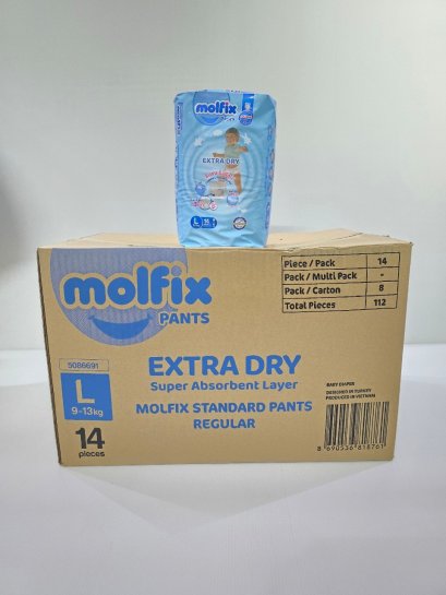 Molfix Extradry โมลฟิกซ์ แพมเพิสเด็กแบบกางเกง -ยกลัง 8 ห่อ